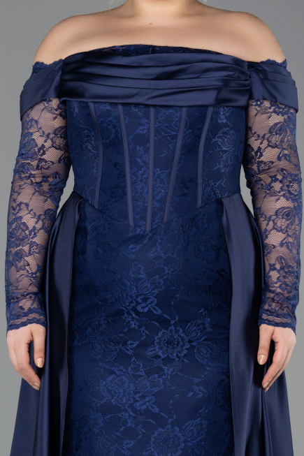 Long Navy Blue Dantelle Plus Size Evening Dress ABU5724