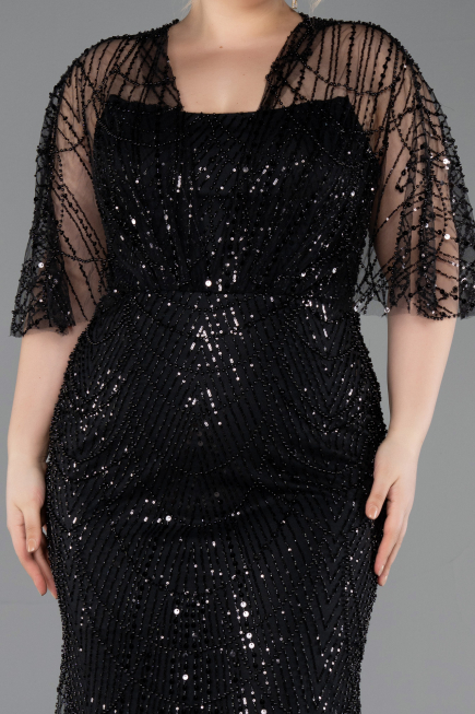 Long Black Beaded Plus Size Evening Gown ABU5800