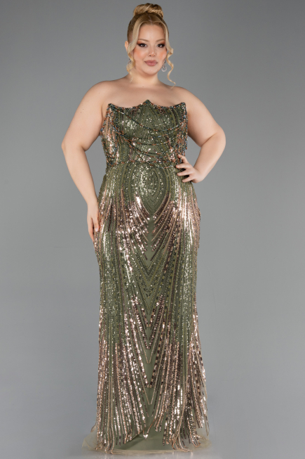 Long Olive Drab Scaly Plus Size Evening Gown ABU5830