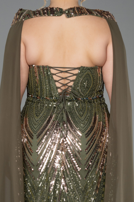 Long Olive Drab Scaly Plus Size Evening Gown ABU5830