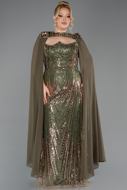 Long Olive Drab Scaly Plus Size Evening Gown ABU5830