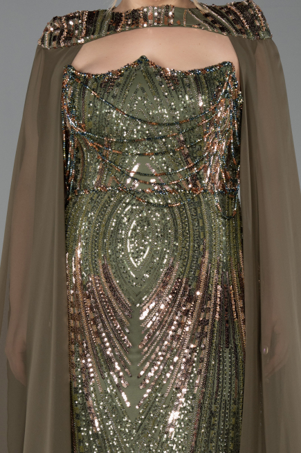 Long Olive Drab Scaly Plus Size Evening Gown ABU5830