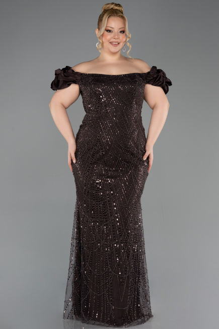 Dark Brown Long Beaded Plus Size Engagement Dress ABU4788