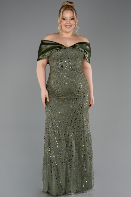Olive Drab Long Beaded Formal Plus Size Dress ABU5742