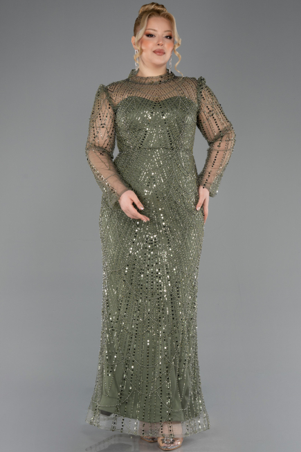 Long Olive Drab Beaded Plus Size Evening Gown ABU5643