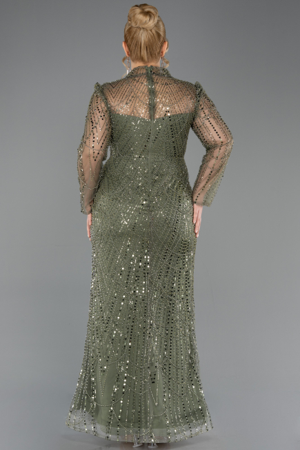 Long Olive Drab Beaded Plus Size Evening Gown ABU5643