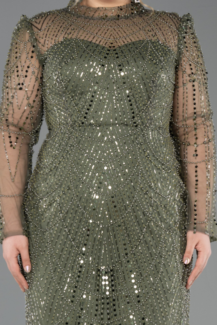 Long Olive Drab Beaded Plus Size Evening Gown ABU5643