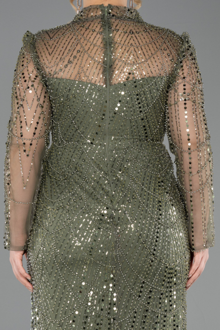 Long Olive Drab Beaded Plus Size Evening Gown ABU5643