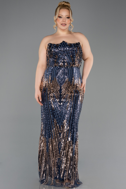 Long Navy Blue Scaly Plus Size Evening Gown ABU5830