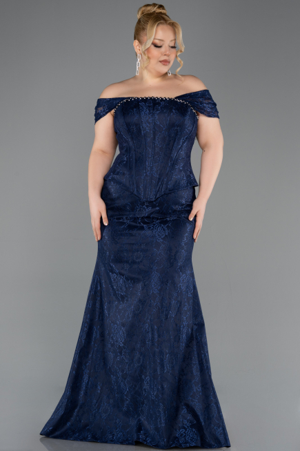 Long Navy Blue Dantelle Oversized Evening Dress ABU5824
