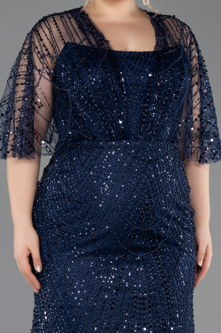 Long Navy Blue Beaded Plus Size Evening Gown ABU5800