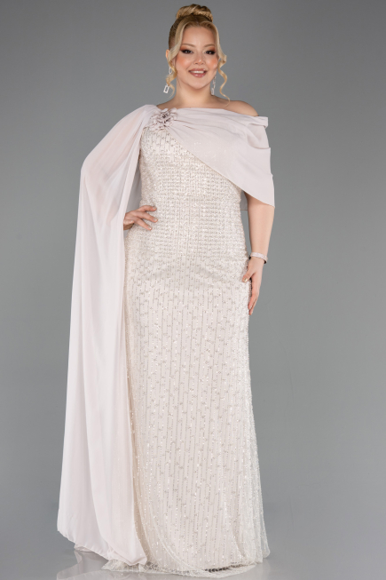 Long Beige Beaded Plus Size Evening Dress ABU5819