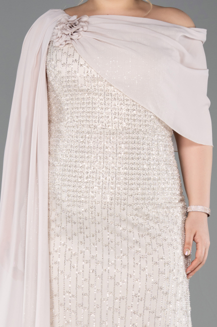 Long Beige Beaded Plus Size Evening Dress ABU5819
