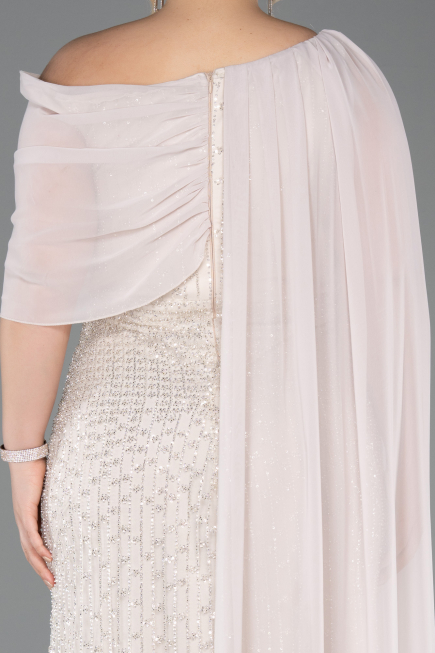 Long Beige Beaded Plus Size Evening Dress ABU5819