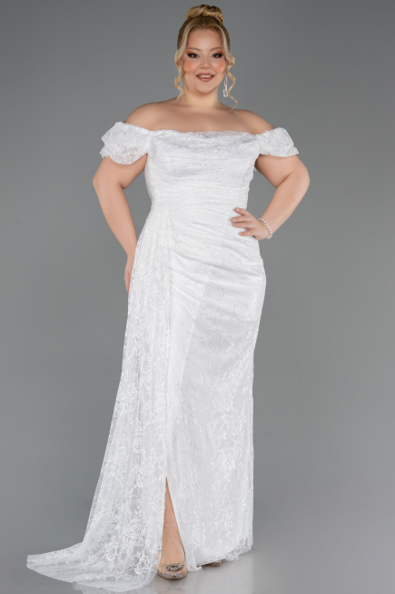 Long White Dantelle Plus Size Evening Dress ABU5729