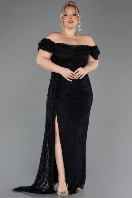 Long Black Dantelle Plus Size Evening Dress ABU5729
