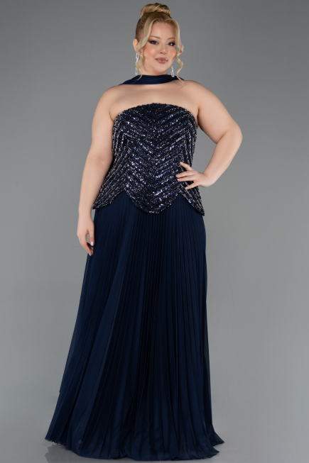 Long Navy Blue Plus Size Evening Gown ABU5856