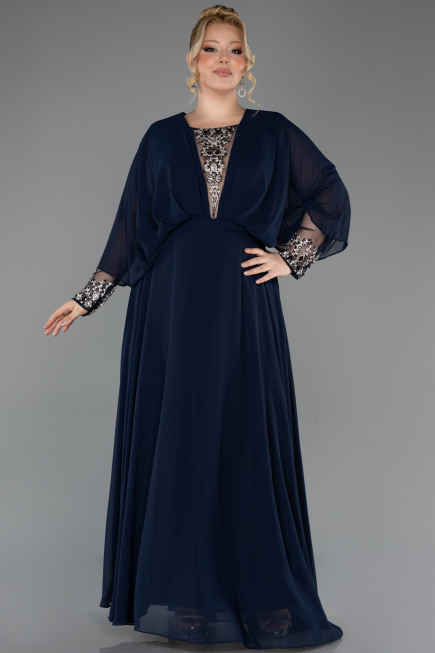 Long Navy Blue Chiffon Formal Plus Size Dress ABU5860