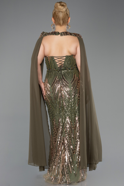 Long Olive Drab Scaly Plus Size Evening Gown ABU5830