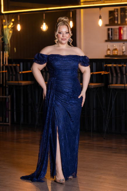 Long Navy Blue Dantelle Plus Size Evening Dress ABU5729