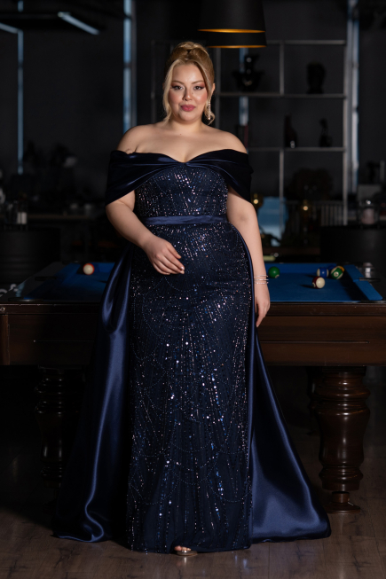 Long Navy Blue Beaded Formal Plus Size Dress ABU5742