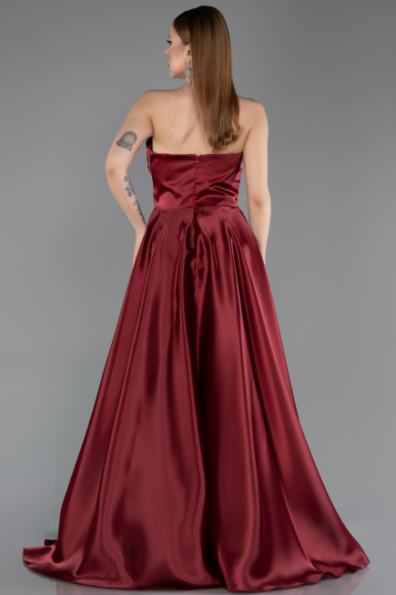 Burgundy Strapless Slit Long Satin Prom Dress ABU4561