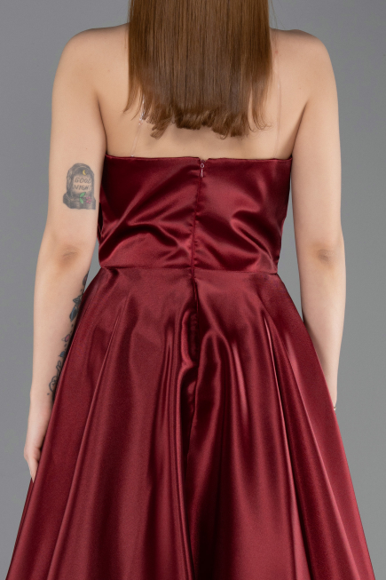 Burgundy Strapless Slit Long Satin Prom Dress ABU4561