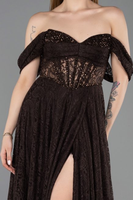 Long Dark Brown Dantelle Evening Dress ABU5867