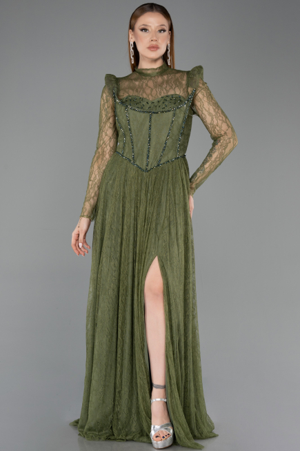 Long Olive Drab Dantelle Evening Dress ABU5887
