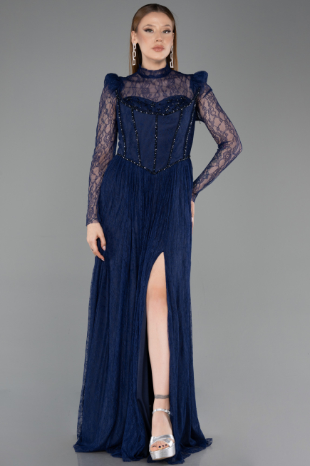 Long Navy Blue Dantelle Evening Dress ABU5887