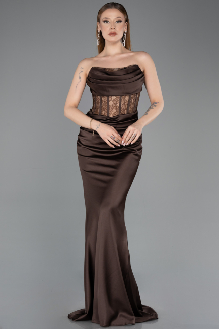 Long Brown Satin Mermaid Evening Gown ABU5888