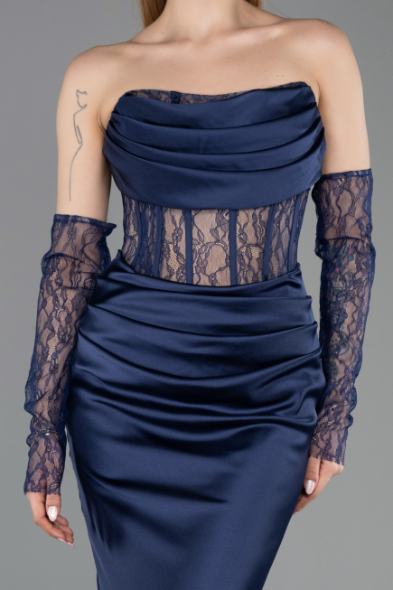 Long Navy Blue Satin Mermaid Evening Gown ABU5888