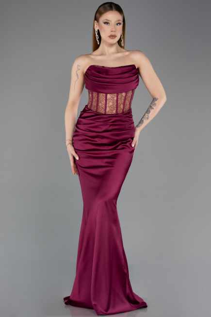 Long Cherry Colored Satin Mermaid Evening Gown ABU5888