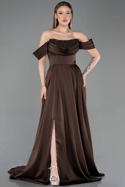 Long Brown Satin Evening Gown ABU5891