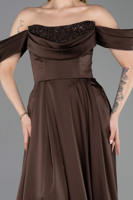 Long Brown Satin Evening Gown ABU5891