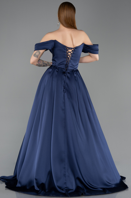 Long Navy Blue Satin Evening Gown ABU5891