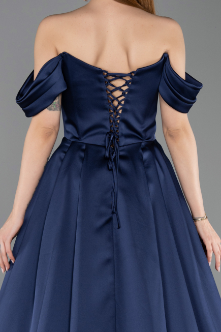Long Navy Blue Satin Evening Gown ABU5891
