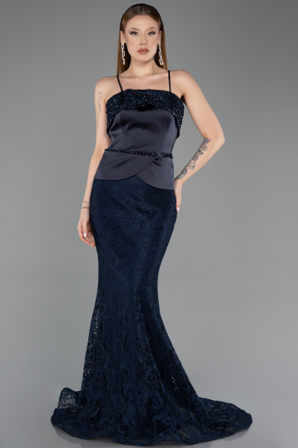 Long Navy Blue Laced Mermaid Evening Gown ABU5869