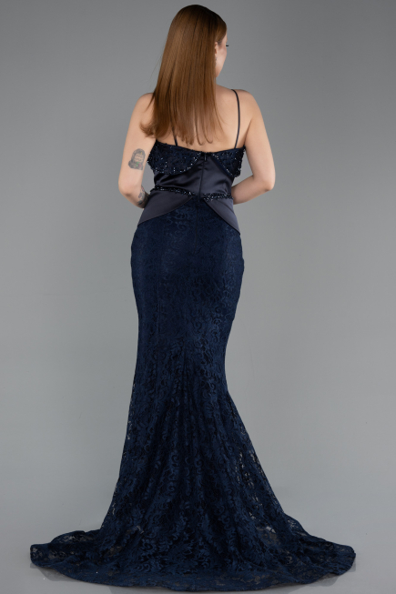 Long Navy Blue Laced Mermaid Evening Gown ABU5869