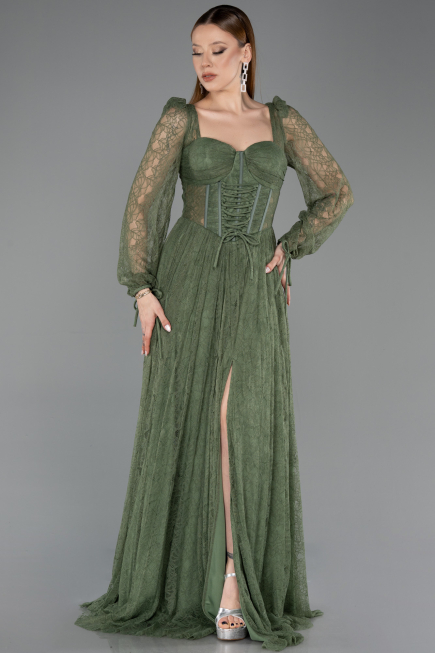 Olive Drab Long Dantelle Evening Dress ABU5797