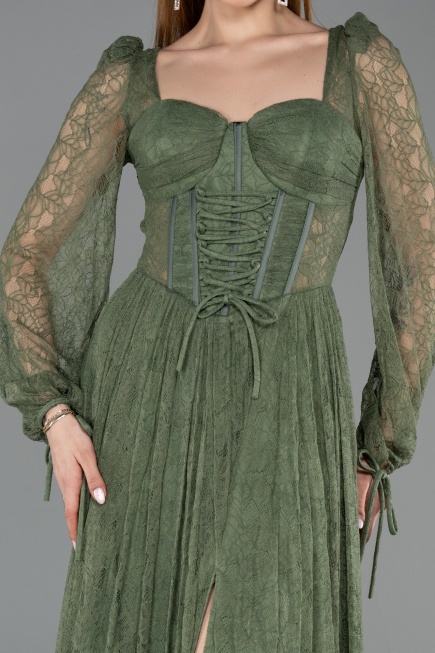 Olive Drab Long Dantelle Evening Dress ABU5797