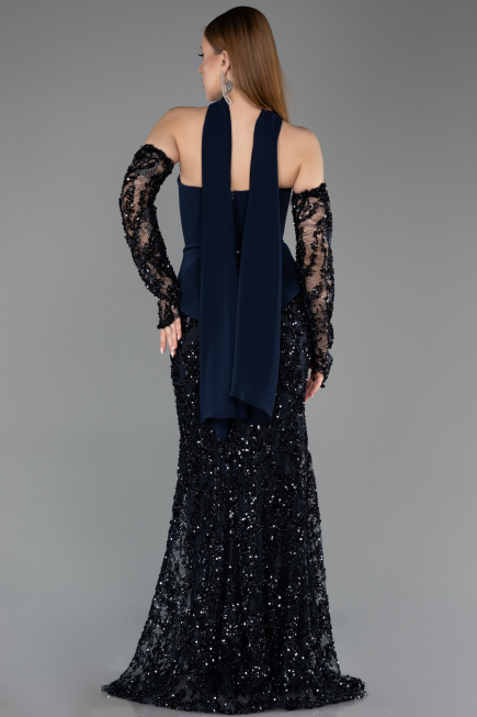 Long Navy Blue Scaly Mermaid Prom Dress ABU5896