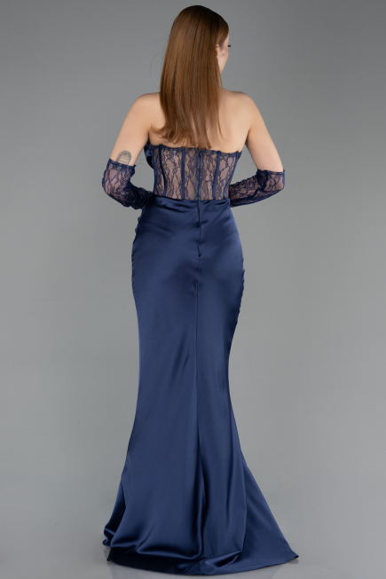 Long Navy Blue Satin Mermaid Evening Gown ABU5888