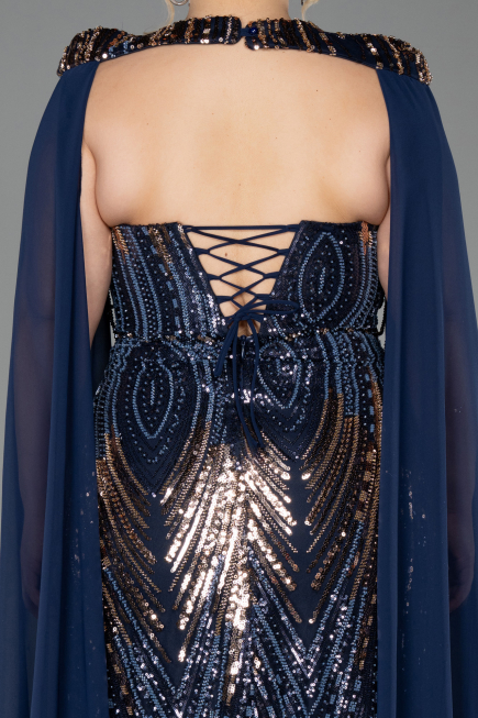 Long Navy Blue Scaly Plus Size Evening Gown ABU5830