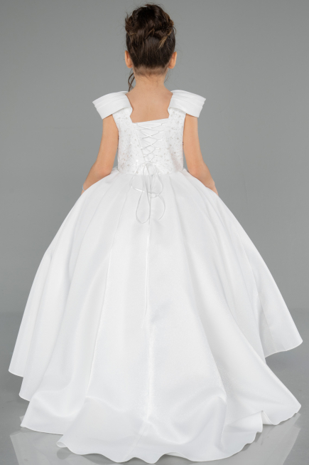 Long White Satin Kid Wedding Dress ABG177