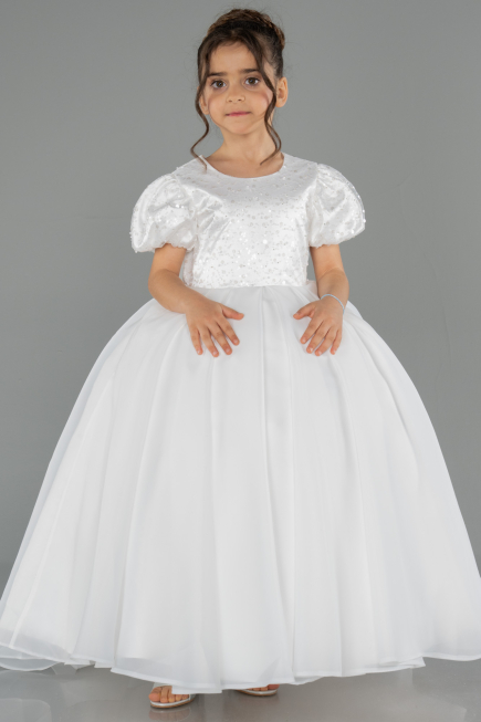 Long White Satin Kid Wedding Dress ABG174