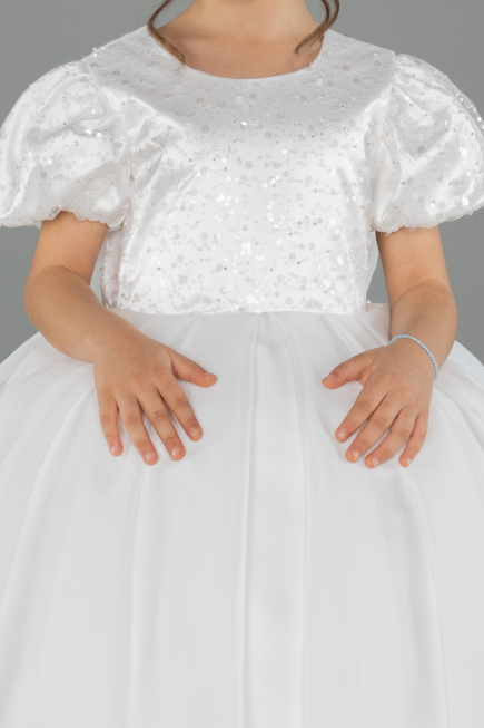 Long White Satin Kid Wedding Dress ABG174