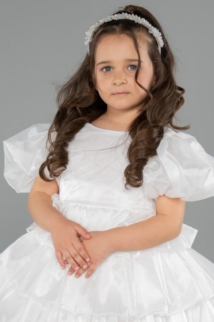 Front Short Back Long White Satin Girl Dress ABO131