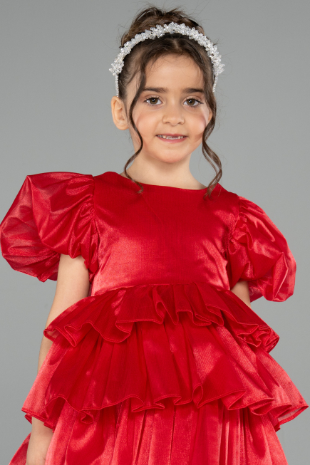 Front Short Back Long Red Satin Girl Dress ABO131