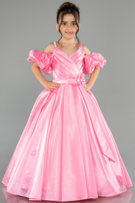 Long Pink Satin Kid Wedding Dress ABG185